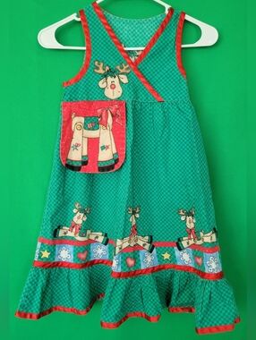 Holiday Reindeer Party Dress Red Trim Vintage Daisy Kingdom Winter Rudi Jumper 4